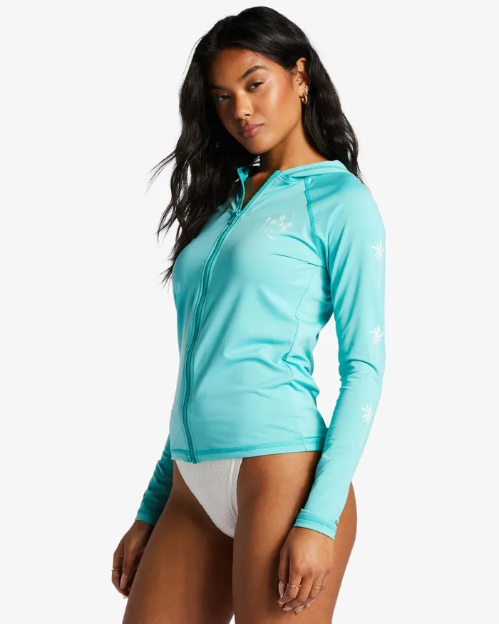 Billabong Rashguards and Bodysuits Women Core Surf Daze Hooded UPF 50 Long Sleeve Rashguard Sweet Aqua Billabong Rashguards and Bodysuits Women Core Surf Daze Hooded UPF 50 Long Sleeve Rashguard Sweet Aqua
