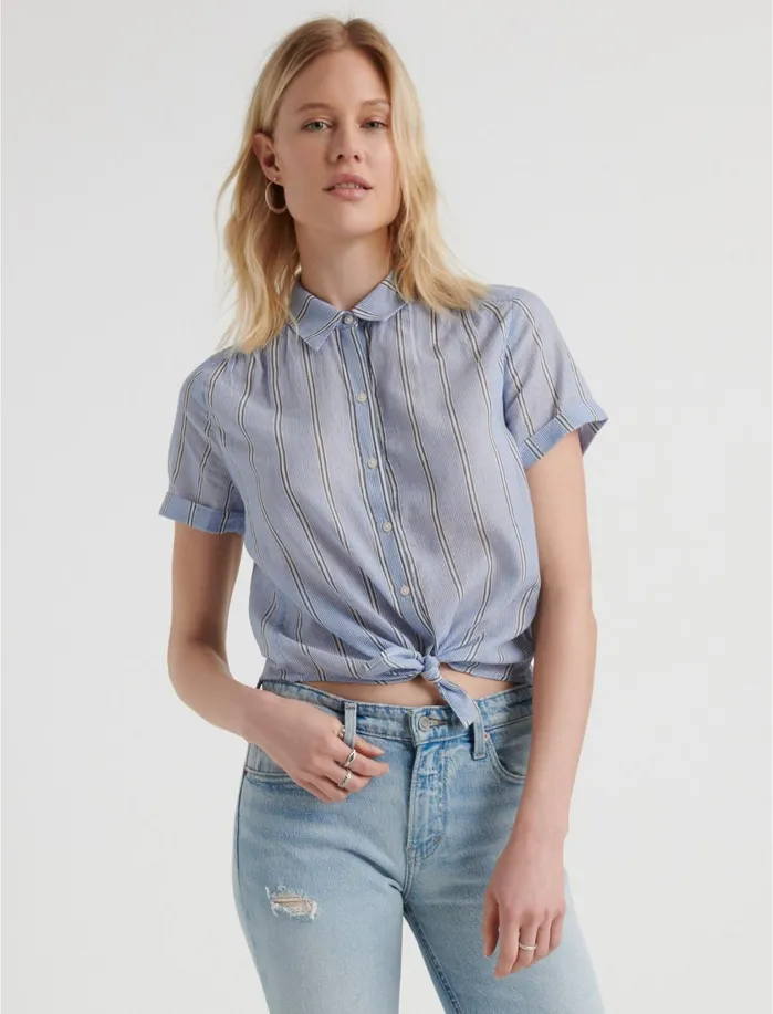 Blouses Women Lucky Brand Avery Short Sleeve Shirt Blue Multi