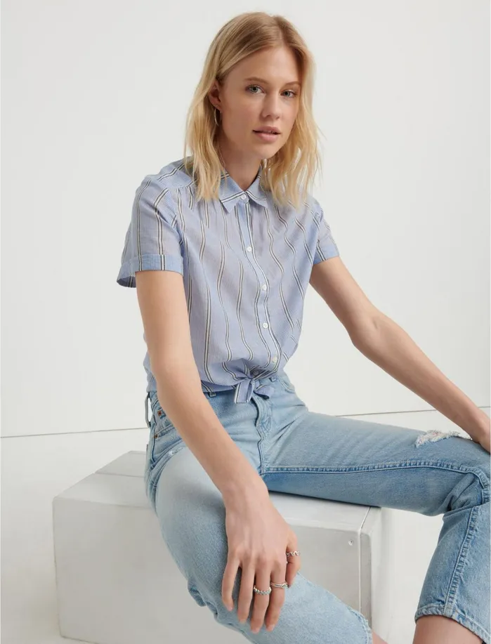 Blouses Women Lucky Brand Avery Short Sleeve Shirt Blue Multi