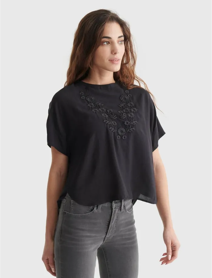 Blouses Women Lucky Brand Drop Shoulder Boyfriend Top Black Onyx