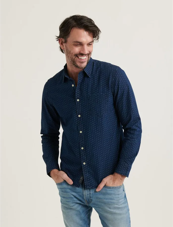 ButtonDowns Men Lucky Brand Indigo Ballona One Pocket Long Sleeve Shirt Blue Print