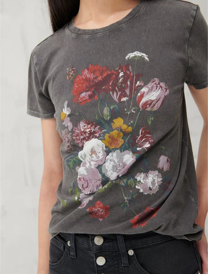 Graphic Tees Women Lucky Brand Multi Flowers Jet Black