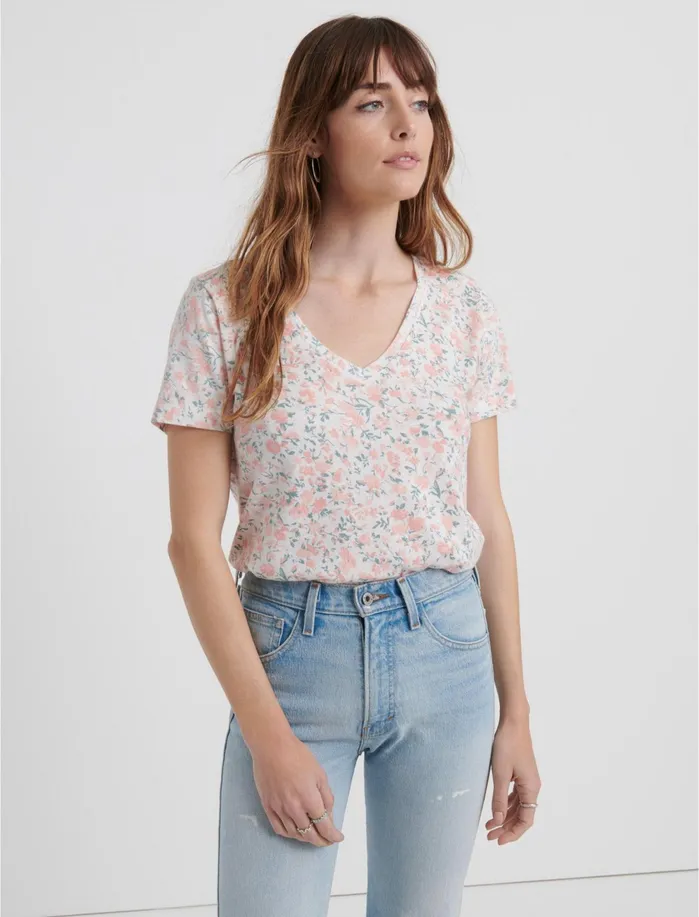 Graphic Tees Women Lucky Brand VNeck Floral Tee Coral Multi