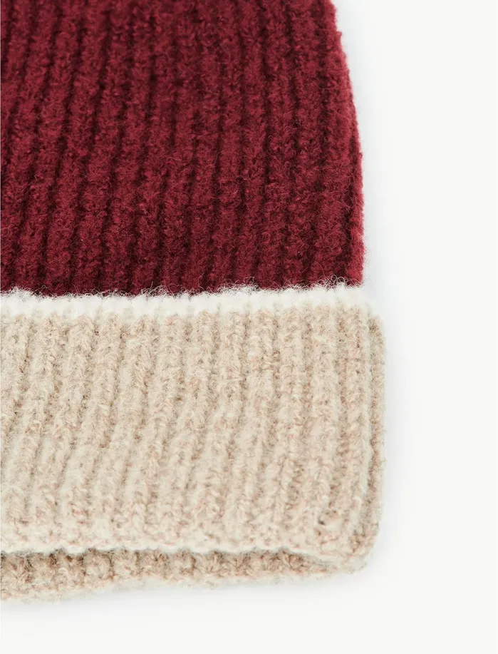 Hats Women Lucky Brand Colorblocked Beanie Hat Burgundy Multi