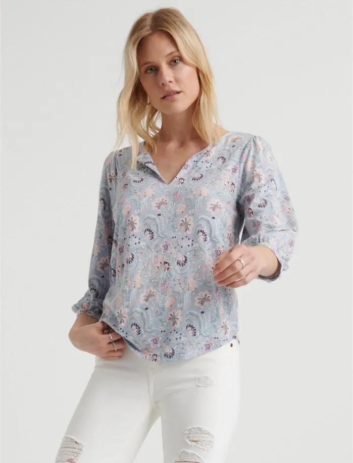 Knit Tops Women Lucky Brand Notch Neck Knit Top Grey Multi