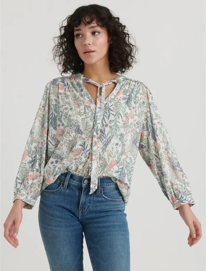 Knit Tops Women Lucky Brand Printed Tie Neck Peasant Mint Multi