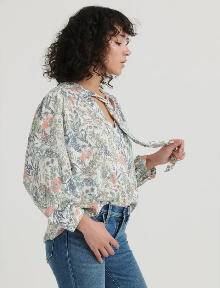 Knit Tops Women Lucky Brand Printed Tie Neck Peasant Mint Multi