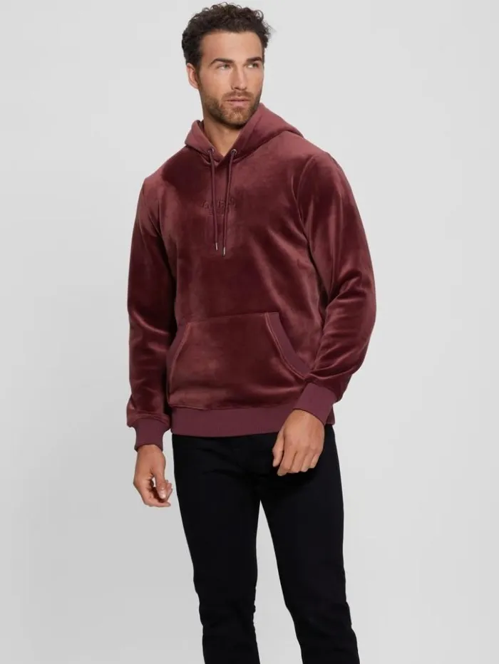 Men GUESS Hoodies and Sweaters Bonded Velvet GUESS Hoodie Red Noir