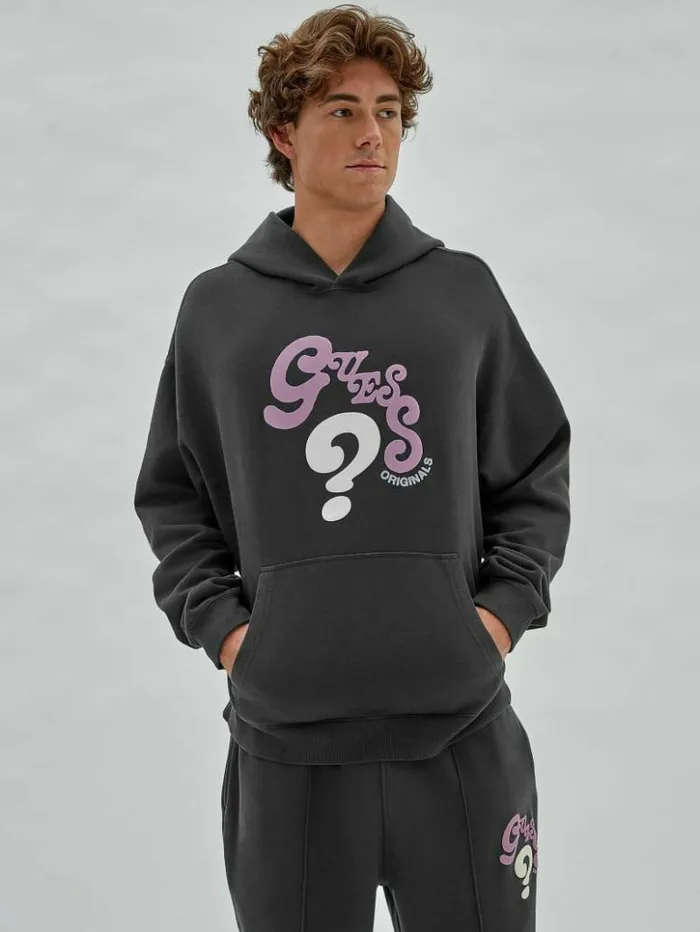Men GUESS Hoodies and Sweaters GUESS Originals Wavy Hoodie Jet Black Multi