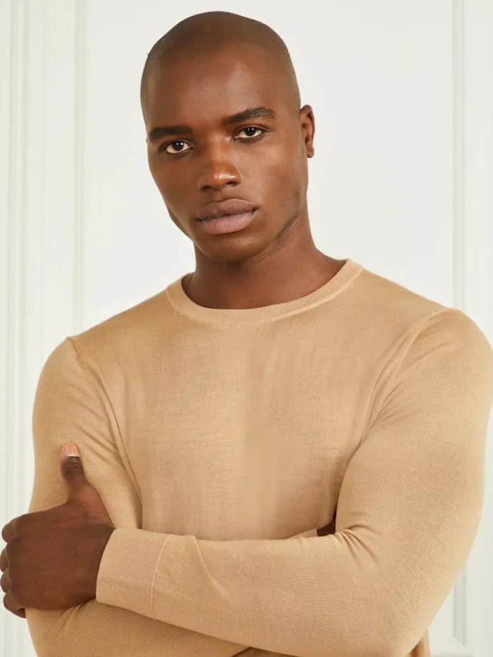 Men GUESS Hoodies and Sweaters Merino Wool Crewneck Sweater Toasted Taupe