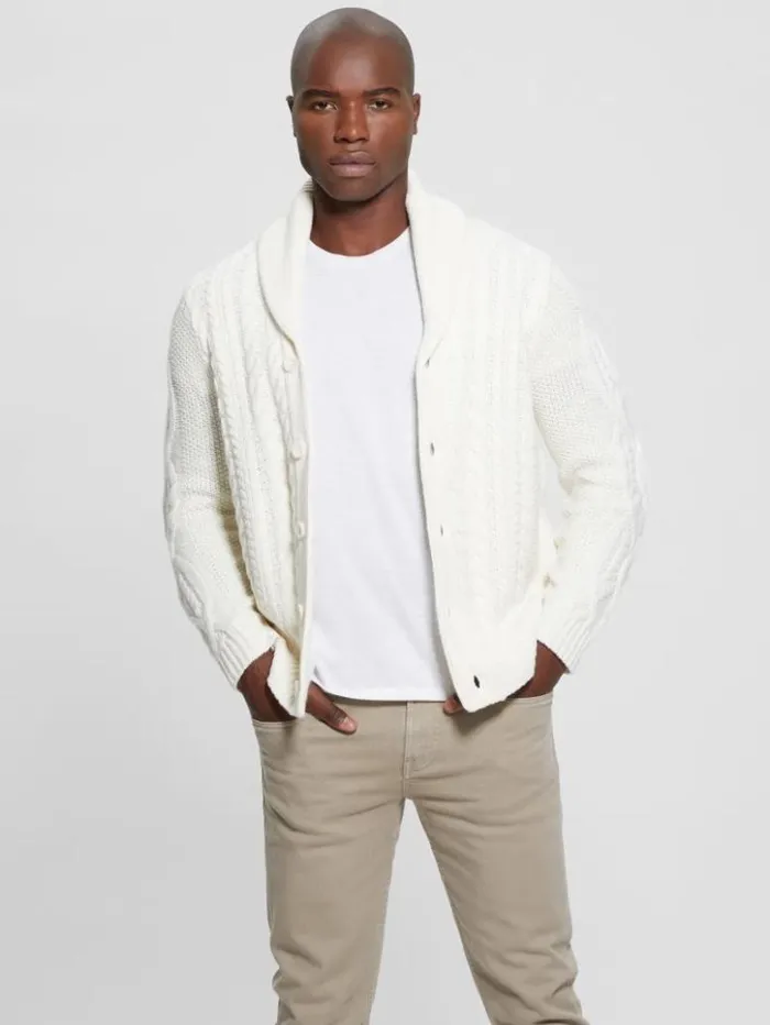 Men GUESS Hoodies and Sweaters Shane Celtic CableKnit Cardigan Ecru Pearl