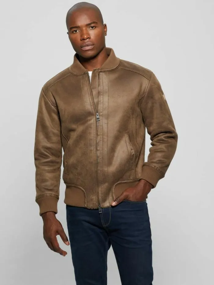 Men GUESS Jackets and Coats FauxSuede Aviator Jacket Teak Wood