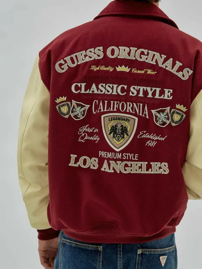 Men GUESS Jackets and Coats GUESS Originals Authentic Letterman Jacket Dark Jam Red Men GUESS Jackets and Coats GUESS Originals Authentic Letterman Jacket Dark Jam Red