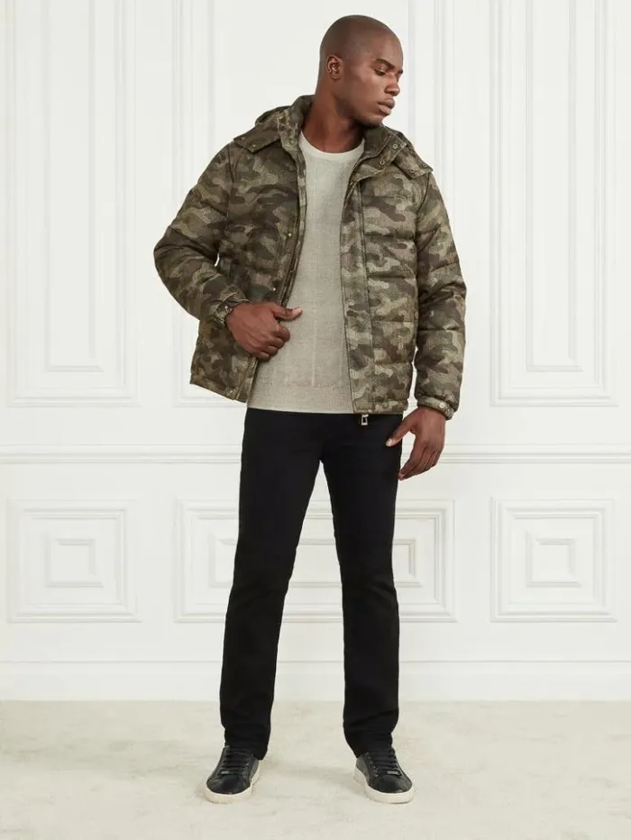 Men GUESS Jackets and Coats Hooded Puffer Jacket Camou Herringbone Melange