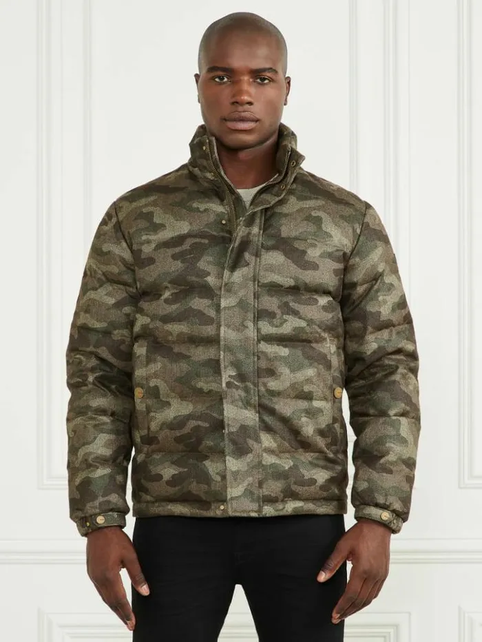 Men GUESS Jackets and Coats Hooded Puffer Jacket Camou Herringbone Melange