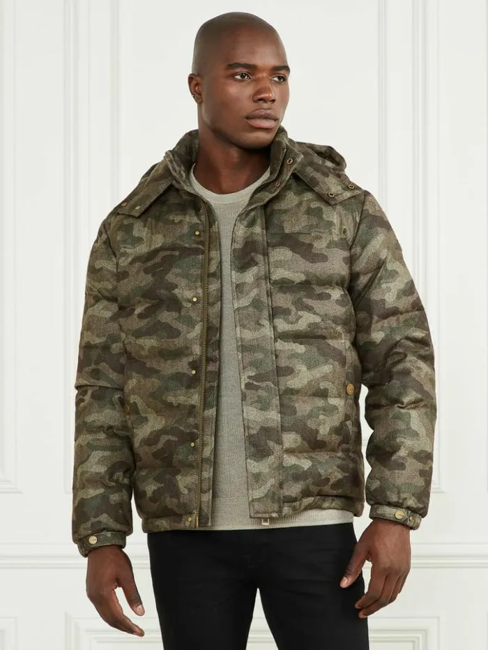 Men GUESS Jackets and Coats Hooded Puffer Jacket Camou Herringbone Melange