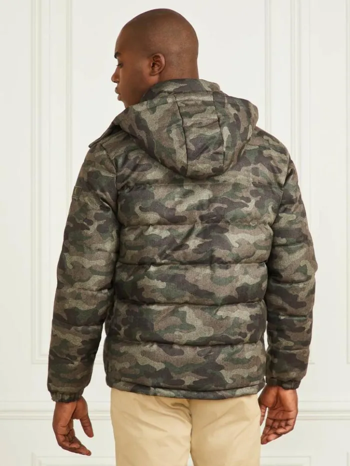 Men GUESS Jackets and Coats Hooded Puffer Jacket Camou Herringbone Melange
