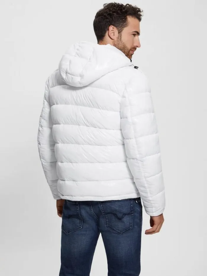 Men GUESS Jackets and Coats Shiny Hooded Puffer Jacket Pure White