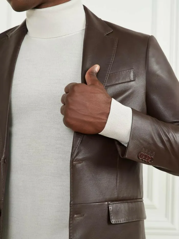 Men GUESS Jackets and Coats Steve Notched Leather Blazer Chocolate Brownie