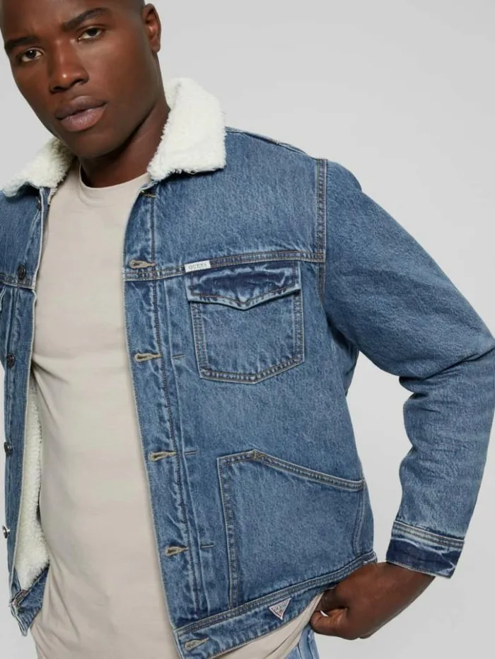 Men GUESS Jeans and Denim Dean Sherpa Jacket Worn Vintage