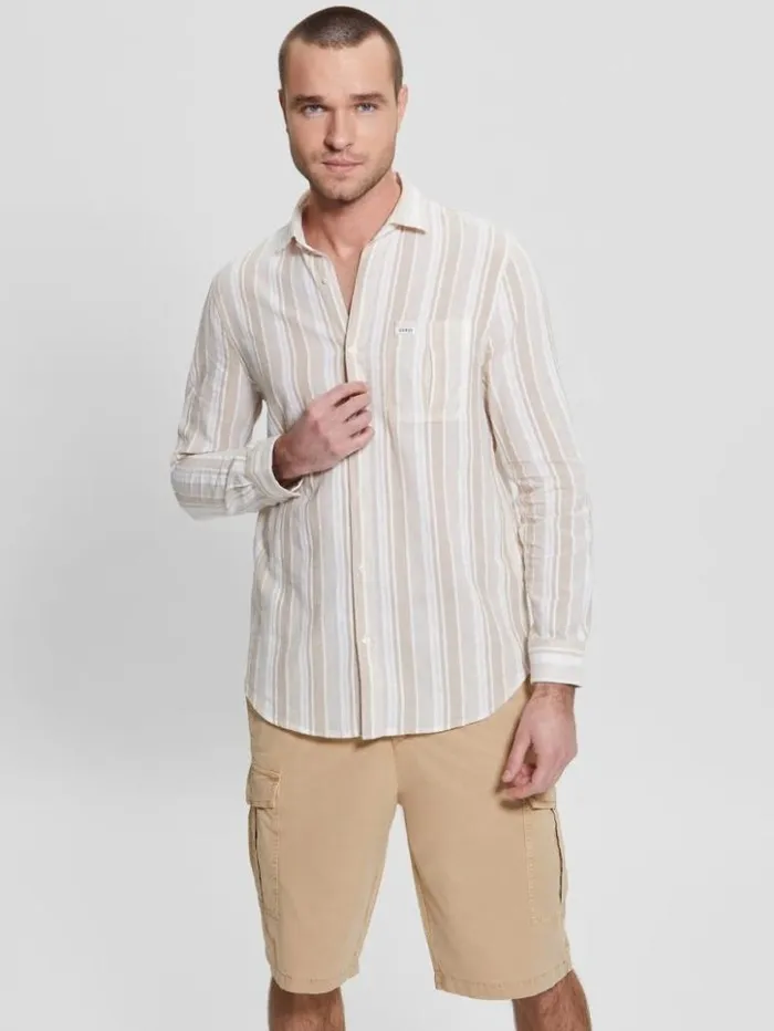 Men GUESS Shirts Collins Striped Pocket Shirt Beige Slub Stripe
