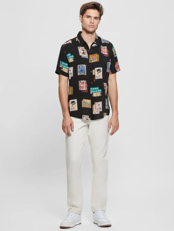 Men GUESS Shirts Eco Post Card Shirt Post Card Collage Jet Bla
