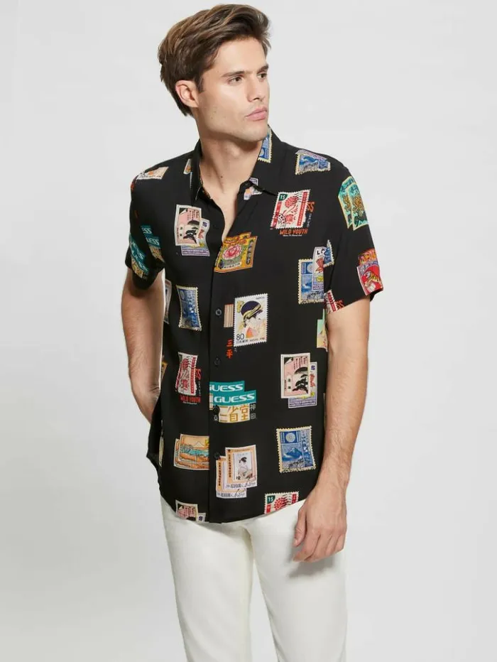 Men GUESS Shirts Eco Post Card Shirt Post Card Collage Jet Bla