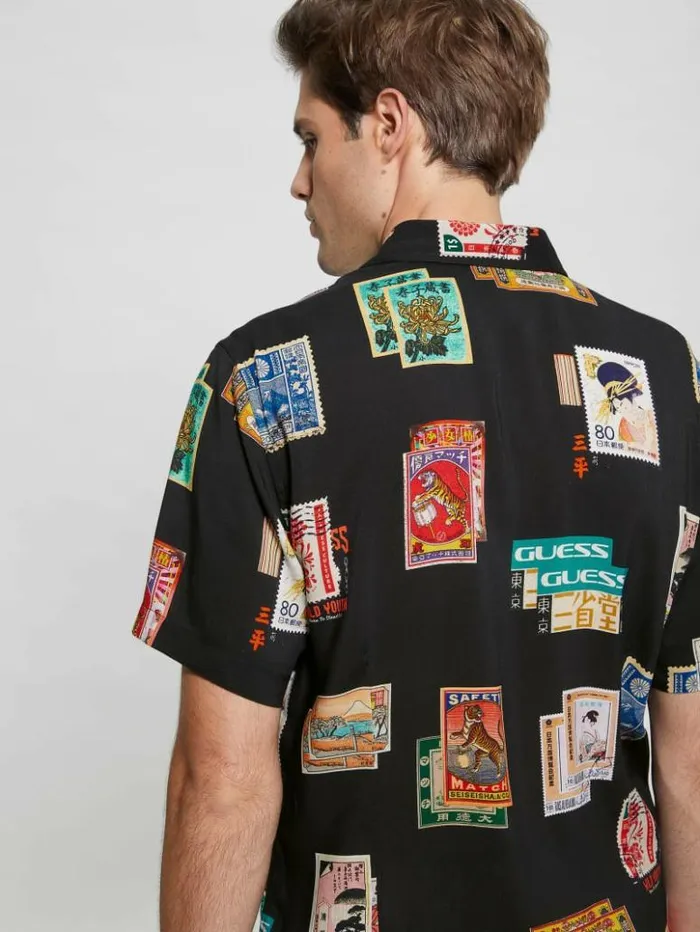 Men GUESS Shirts Eco Post Card Shirt Post Card Collage Jet Bla