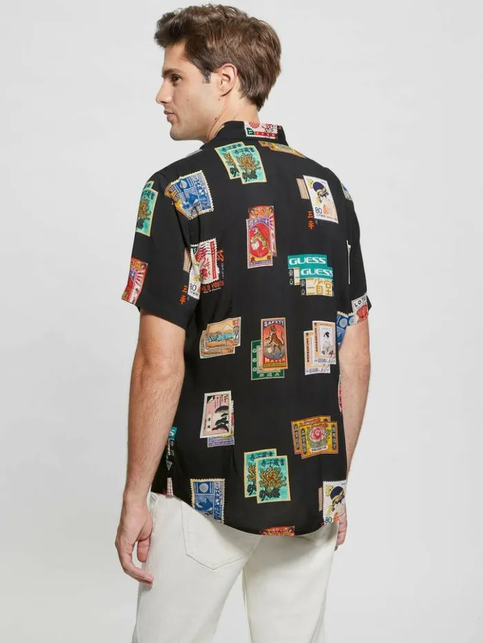 Men GUESS Shirts Eco Post Card Shirt Post Card Collage Jet Bla