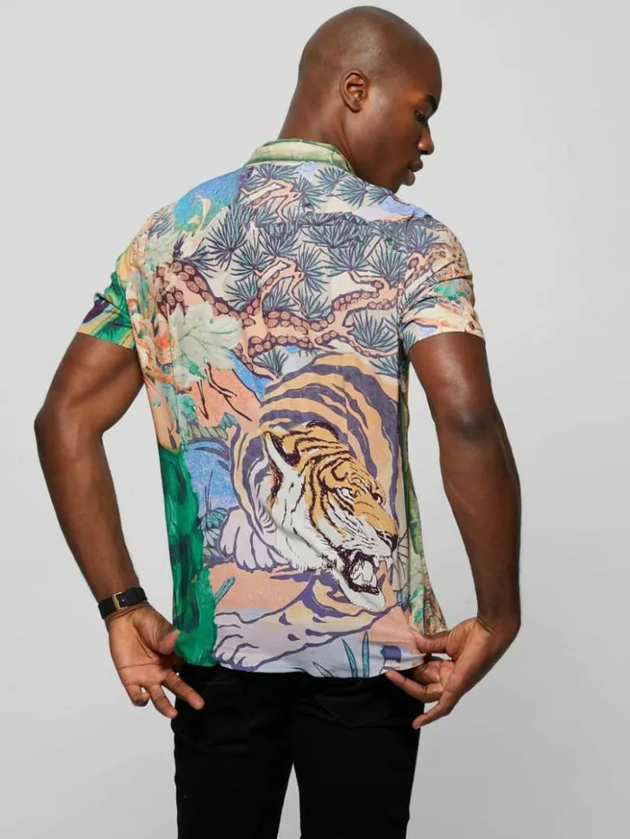 Men GUESS Shirts Eco Rayon Bonsai Tiger Shirt Bonsai Tiger Print