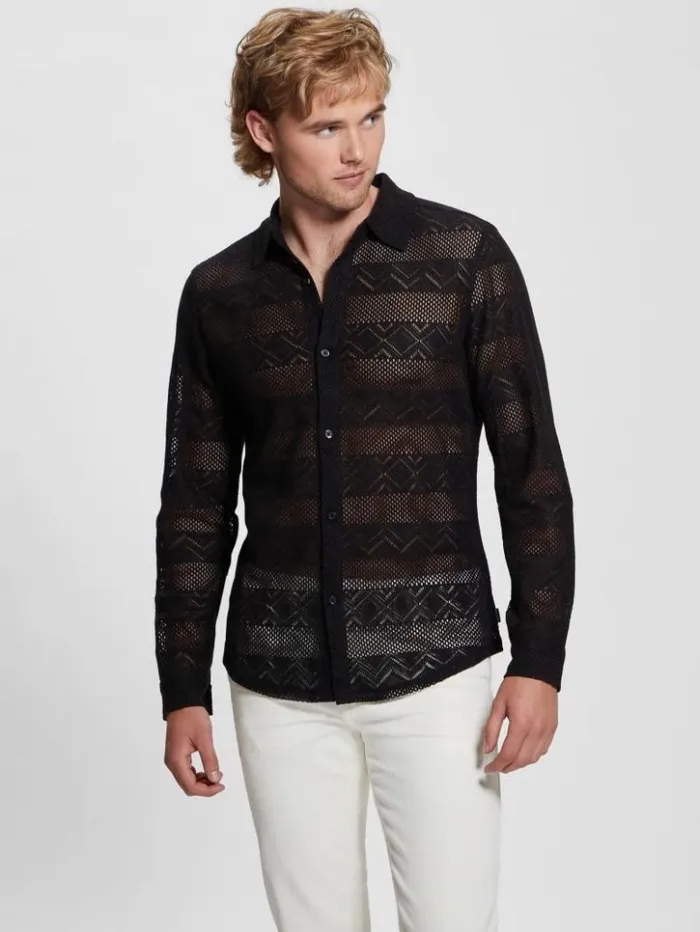 Men GUESS Shirts Geo Crochet Shirt Black