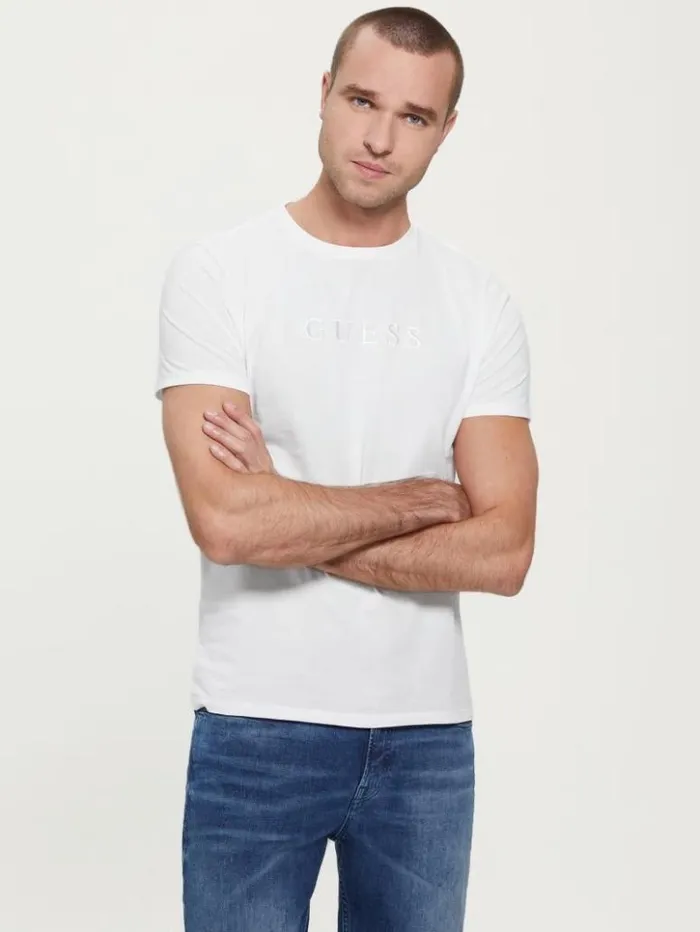 Men GUESS TShirts and Tanks Embroidered Logo Tee Pure White