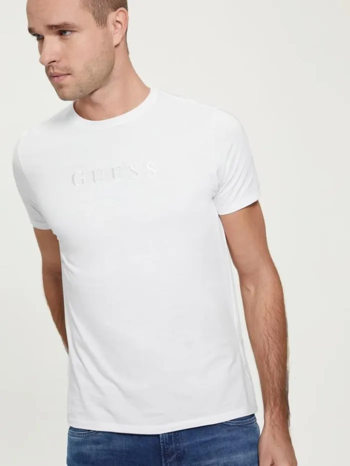 Men GUESS TShirts and Tanks Embroidered Logo Tee Pure White