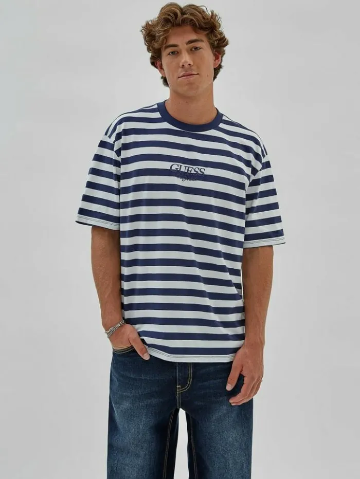 Men GUESS TShirts and Tanks GUESS Originals Eco Simple Stripe Tee Cave Blue Multi