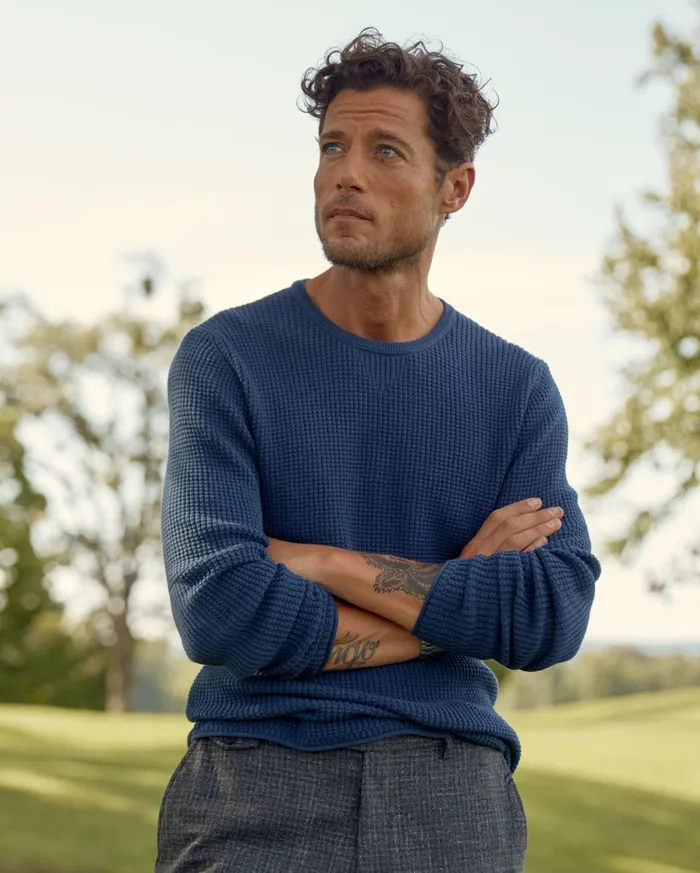 Men Sweaters and Sweatshirts Billy Reid Mini Waffle Crew Denim Blue