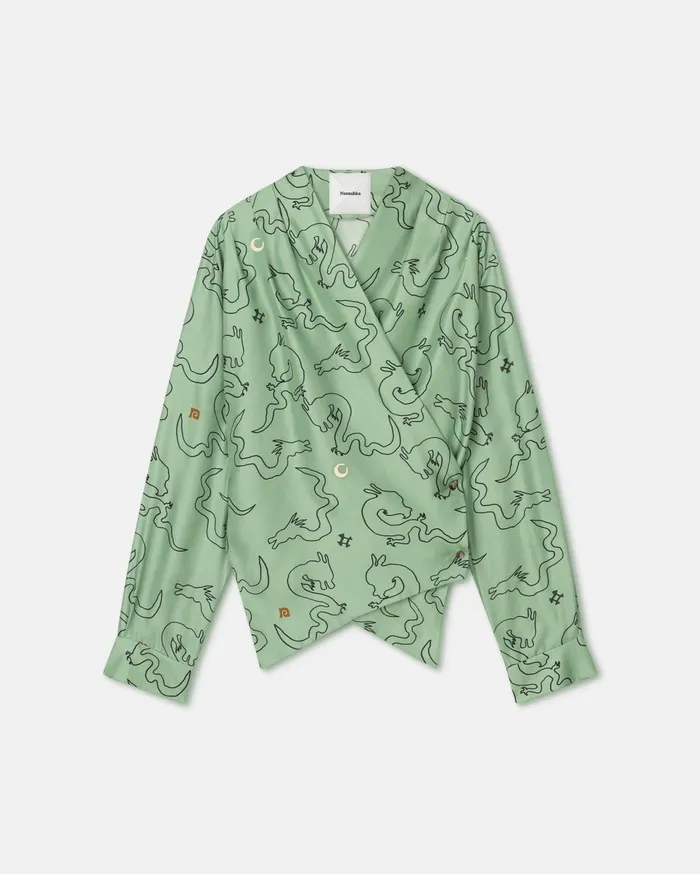 Nanushka Tailoring Men Tebbe Draped Twill Silk Shirt GreenAquarelle Dragon Print