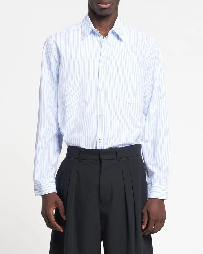 Nanushka Tops Men Kaleb Long Sleeve Striped Cotton Shirt White Blue