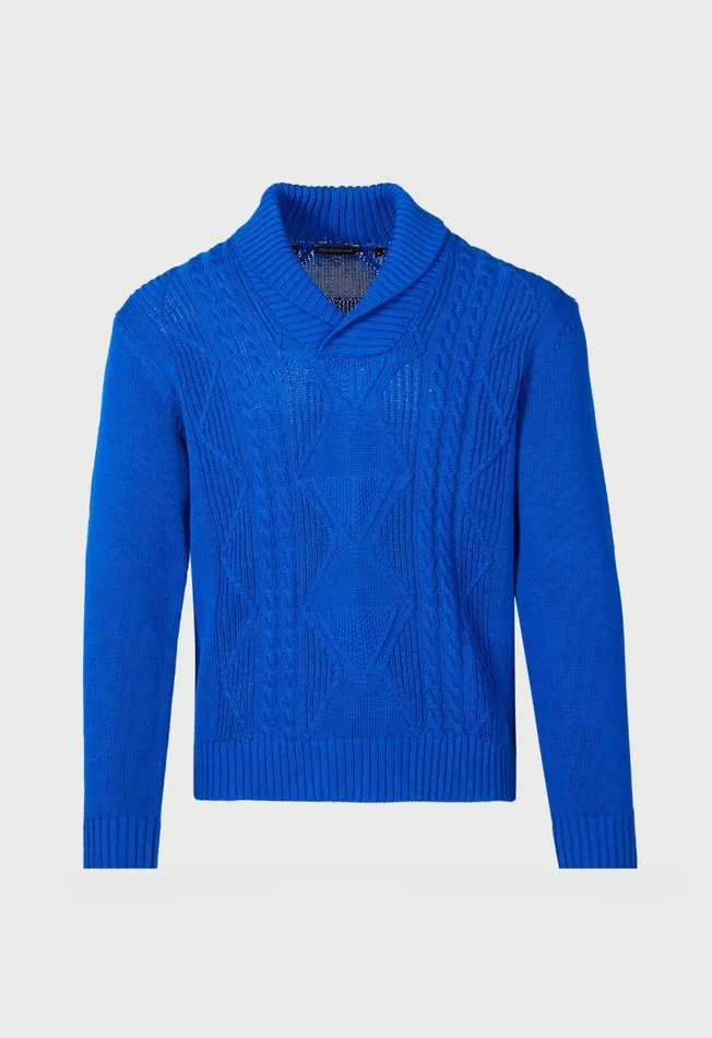 Paul Stuart Sweaters Cotton Cable Shawl Collar Sweater Royal Blue 8211 Men