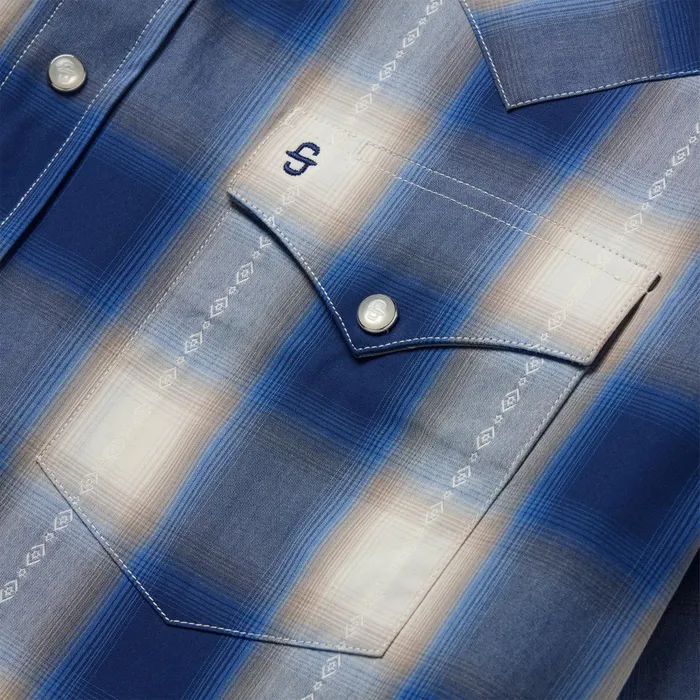 Stetson Classic Cut Men Blue Ombre Plaid Short Sleeve Western Shirt Blue