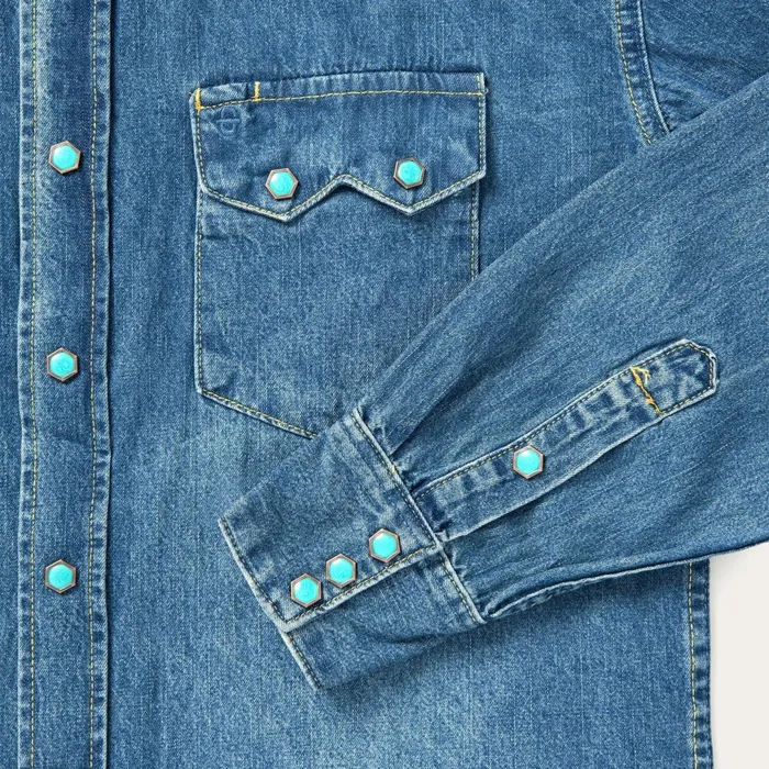 Stetson Denim Shirts Men Turquoise Snap Western Denim Shirt Blue