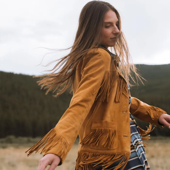 Stetson Fringe Jackets Women Lamb Suede Fringed Jacket Brown