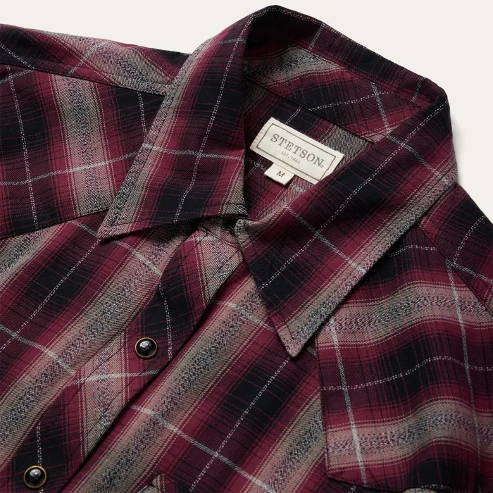 Stetson Modern Cut Men Red Marl Plaid Western Shirt Red