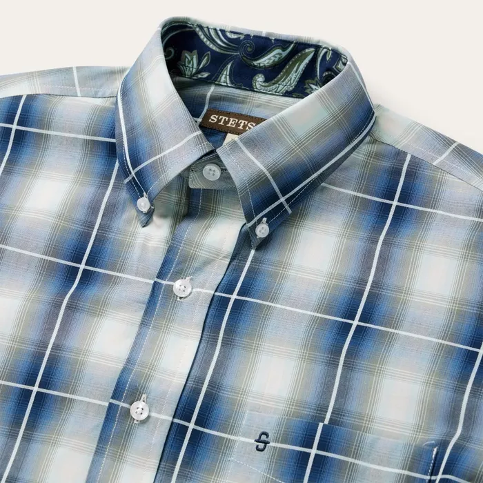 Stetson Western Shirts Men Crystal Plaid Button Down Shirt Blue