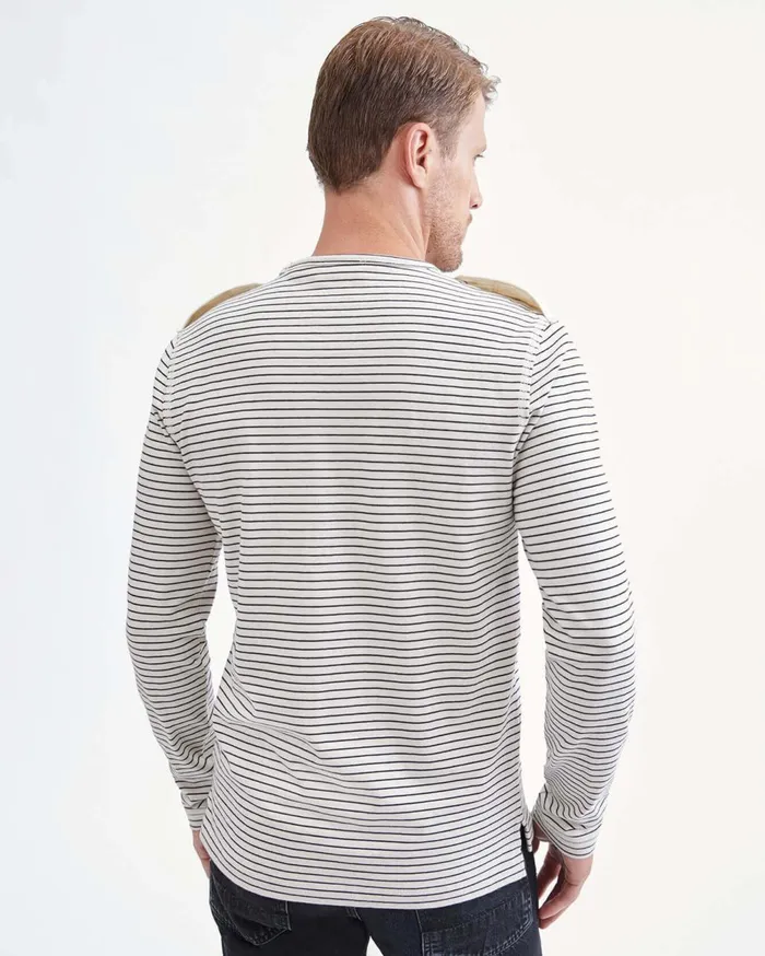 Tees Men 7 For All Mankind Long Sleeve Striped Epaulette Tee In Ivory 038 Black Stripe
