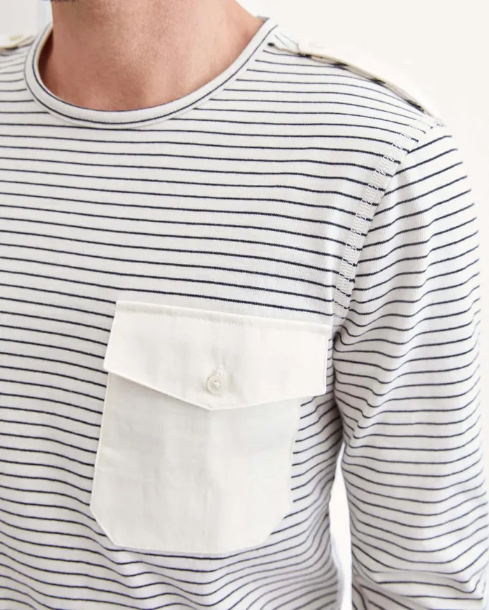 Tees Men 7 For All Mankind Long Sleeve Striped Epaulette Tee In Ivory 038 Black Stripe