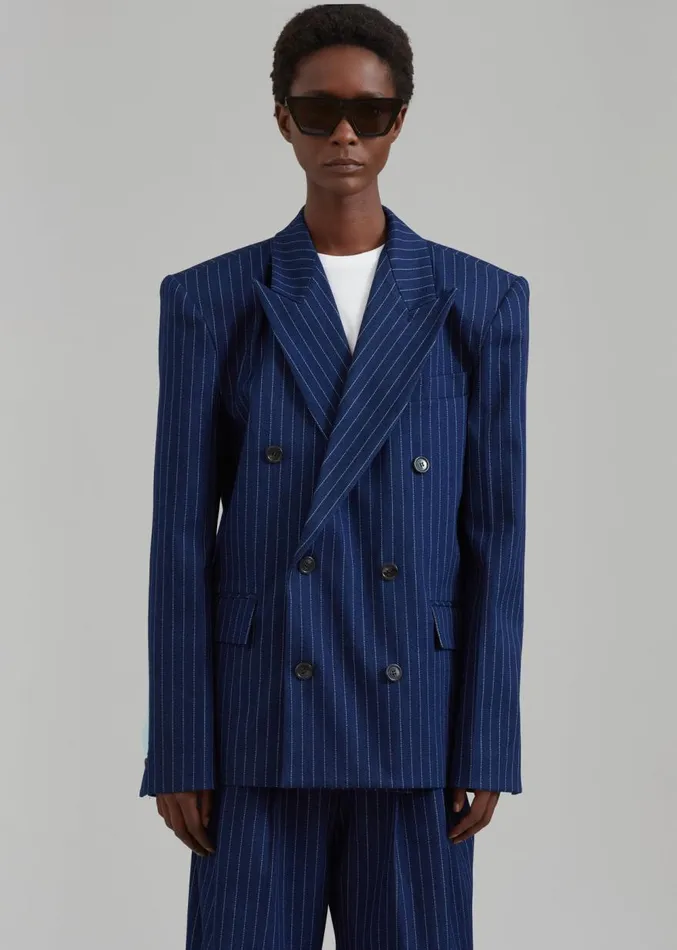 The Frankie Shop Fargo Oversized Denim Padded Blazer 8211 Navy Pinstripe Women Clothing