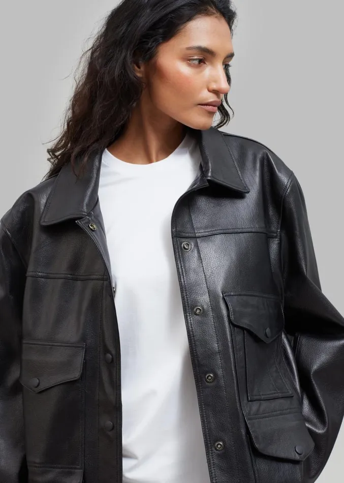 The Frankie Shop Inge Leather Shirt Jacket 8211 Black Women Outerwear