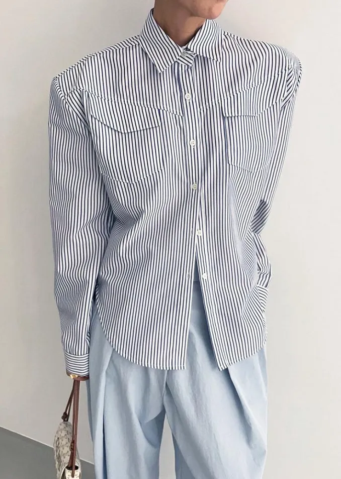 The Frankie Shop Jeanne Padded Shirt 8211 Navy Stripe Women Tops