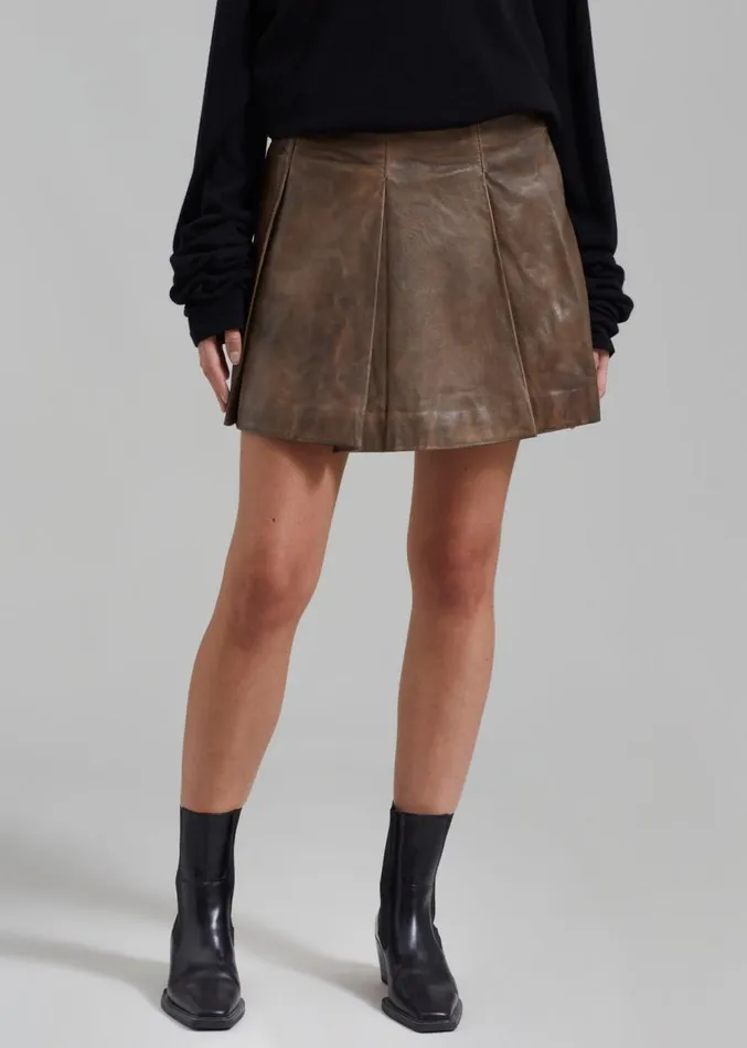 The Frankie Shop REMAIN Leather Pleated Skirt 8211 Brown Sugar Comb Women Clothing