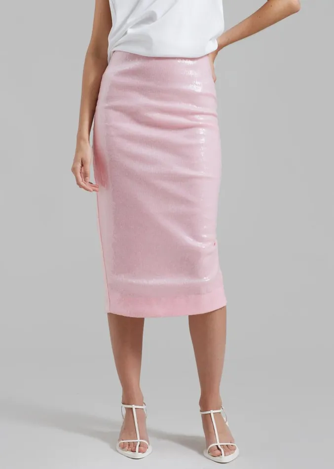 The Frankie Shop ROTATE Sequin Midi Pencil Skirt 8211 Orchid Pink Women Clothing
